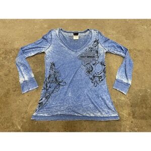Harley-Davidson Shirt Womens XL Blue Burnout V Neck Rhinestone Biker Graphic